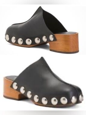 Minelli Paris Black Leather Studded Wood Platform Clogs